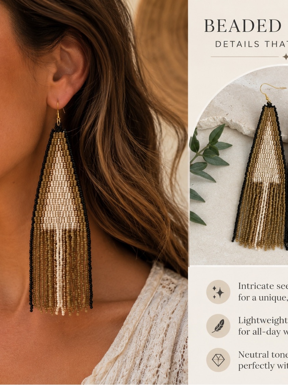 Beaded Fringe Drop Earrings - Neutral Brown & Black